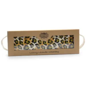Lavendelvärmedyna med vete i presentförpackning med nattleopardmönster och rep-handtag
