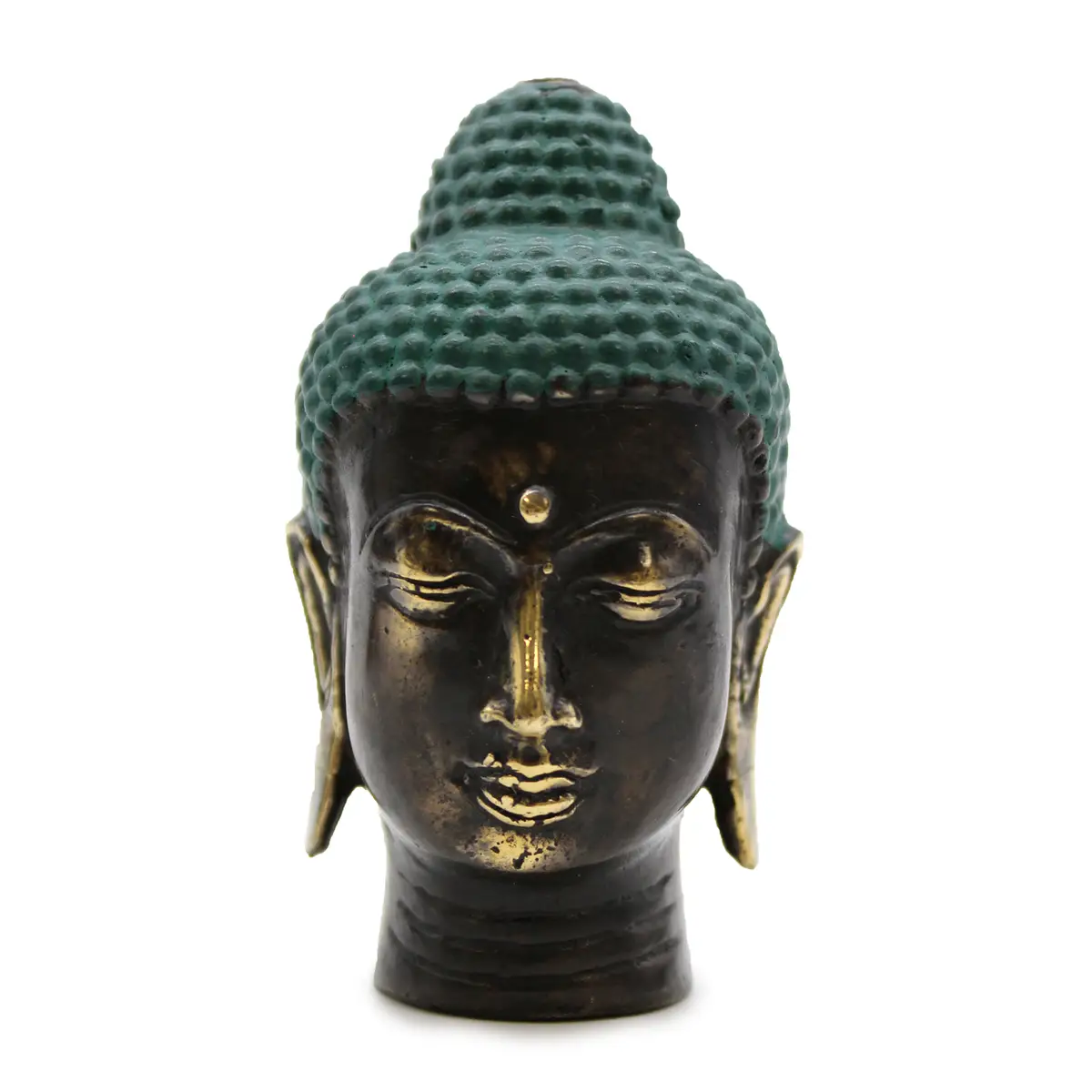 Litet Buddhahuvud i antik mässing med grön patina på toppen