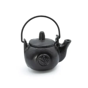 Liten svart gjutjärnskittel med lock och handtag, dekorerad med pentagram