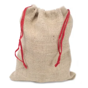 Liten jutesäck i naturfärgad jute med röd dragsko