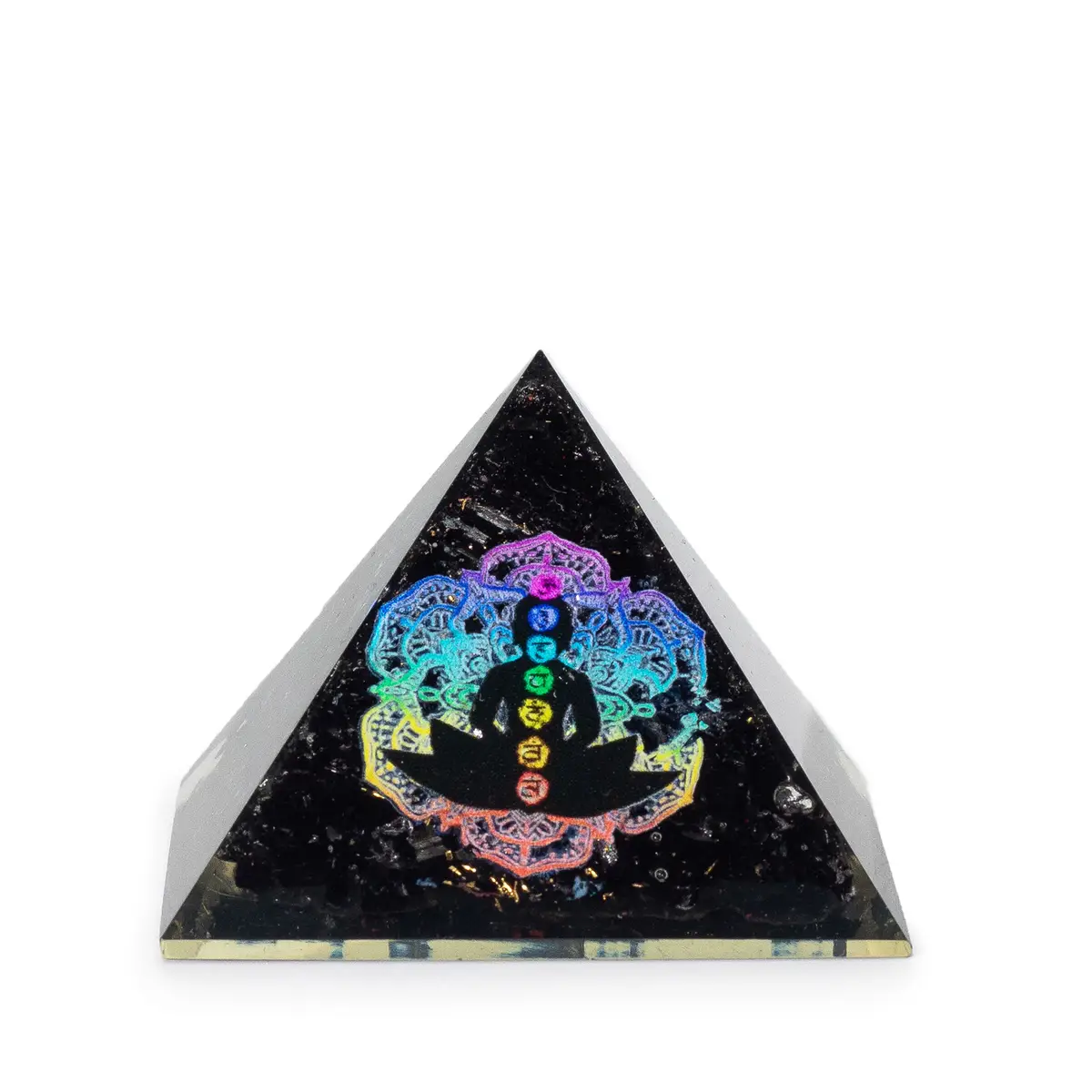 Svart orgonitpyramid med färgstarkt chakra-buddha-motiv och turmalinflisor
