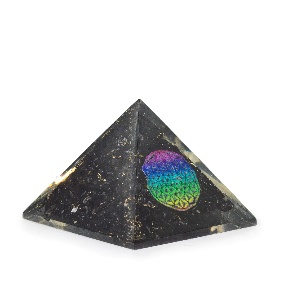 Liten orgonitpyramid 5,5x4,5 cm med livets blomma och svart turmalin - produktbild 2