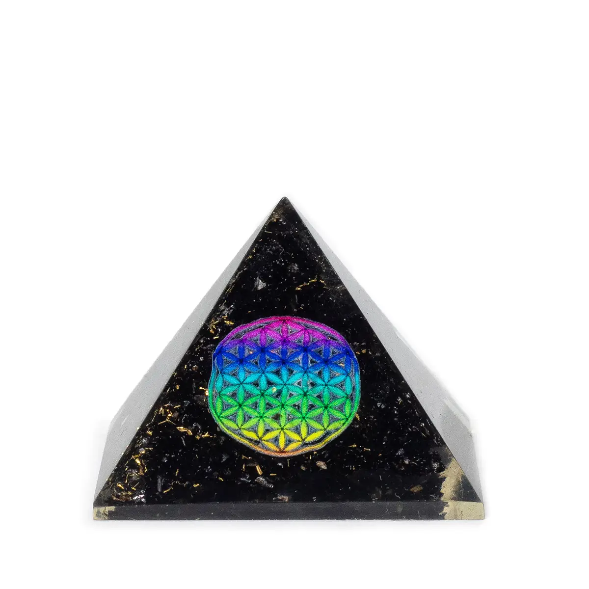 Svart orgonitpyramid med färgglad symbol Livets blomma och svarta turmalinkorn