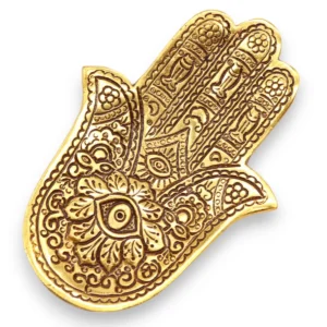 Guldpolerad aluminiumrökelsehållare formad som en Hamsa-hand med detaljerad dekor