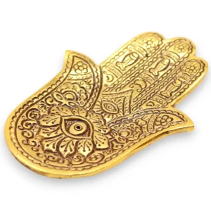 Liten rökelsehållare i guldpolerat aluminium med Hamsa-motiv 13x5,5 cm - produktbild 3