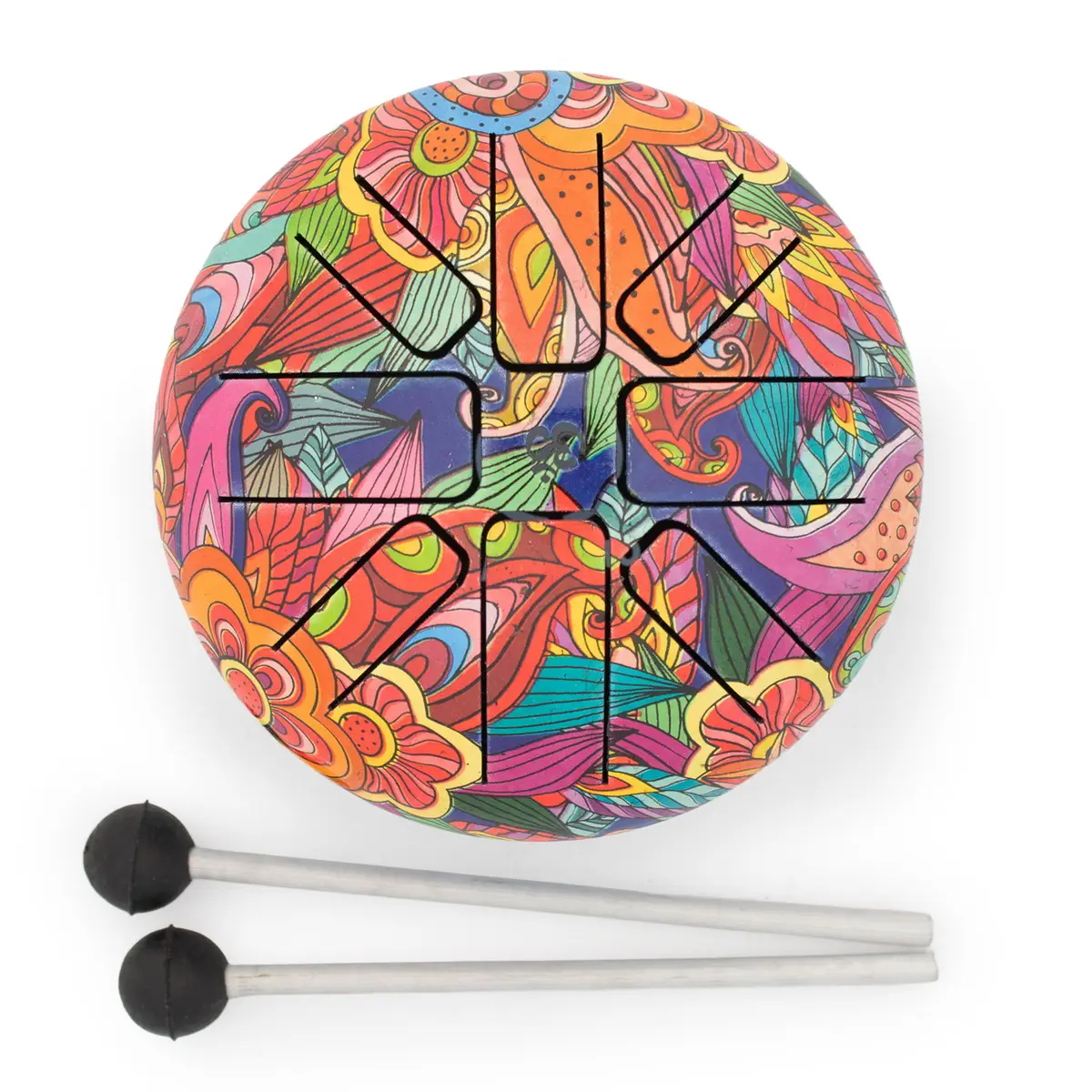 Liten Steel Tongue Happy Drum med färgglatt psykedeliskt mönster och två klubbor