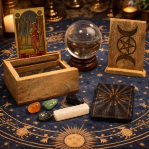 Liten tarotkortlåda med kortställ i mangoträ - produktbild 6