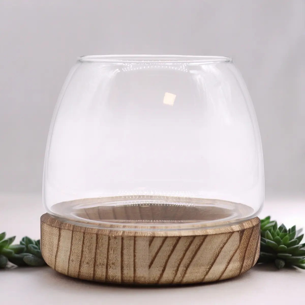 Litet runt glasterrarium med glas och naturlig tungträbotten på vit bakgrund