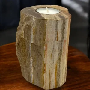 Hög ljusstake i förstenat trä med ett värmeljus på ett träbord