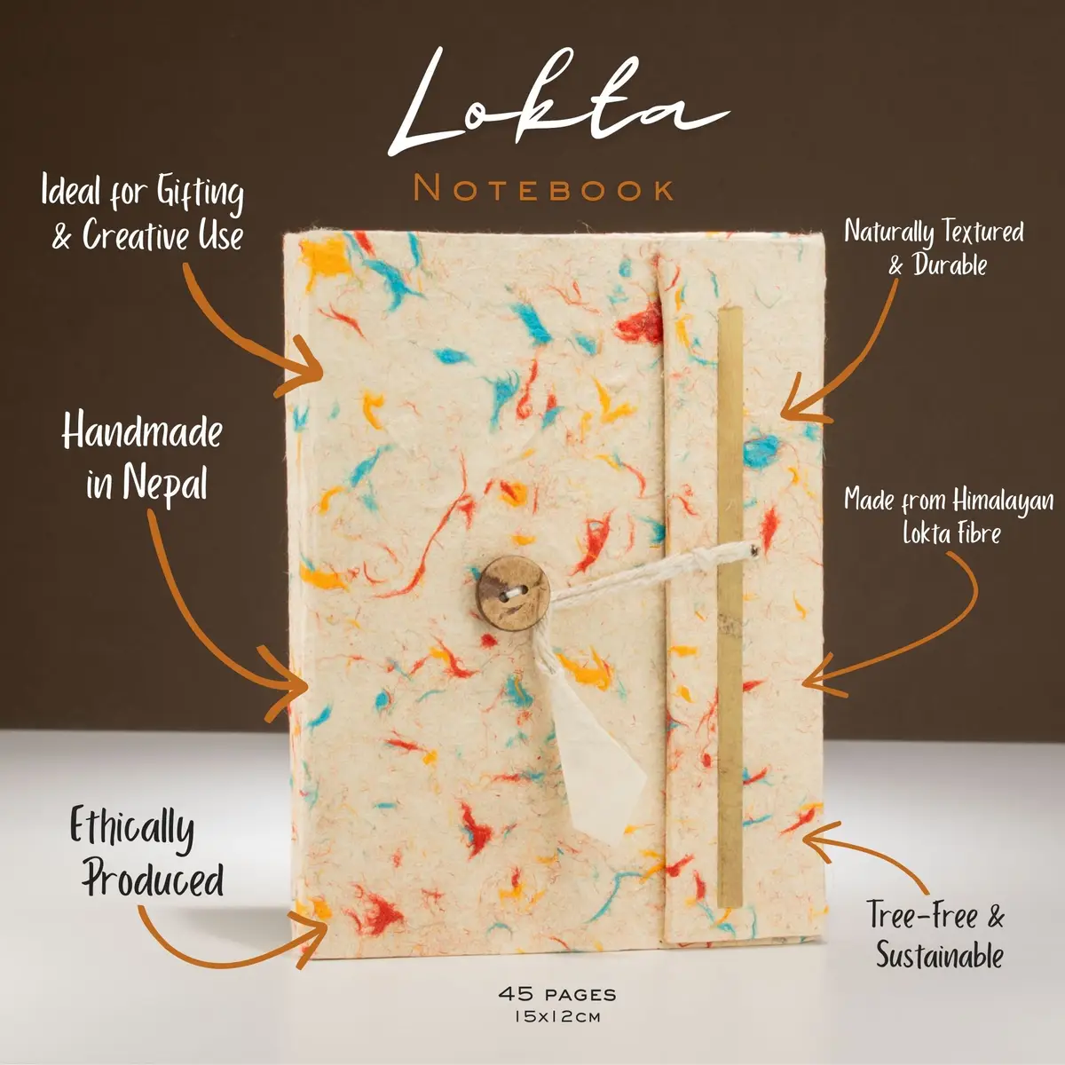 Lokta-pappersanteckningsbok med blandade färgade bomullsfibrer 15x12 cm, 45 blad - produktbild 2