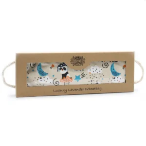 Lavendelvärmedyna med vete i presentförpackning med rep-handtag och mönster med panda och månar