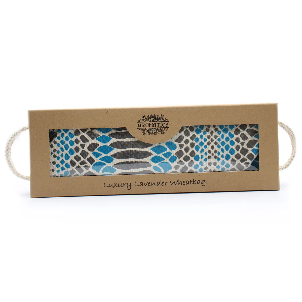 Lavendelvärmedyna med vete i presentförpackning med blå och grå mönster och rep-handtag