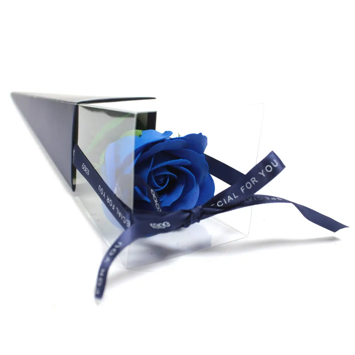 Blå tvålblomma i form av en ros i elegant presentförpackning