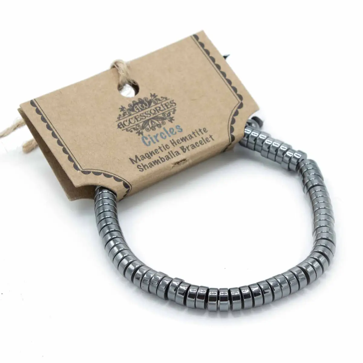 Magnetiskt hematit Shamballa-armband med cirklar på pappersetikett