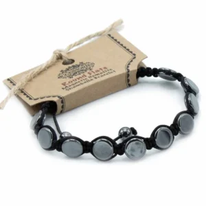 Svart Shamballa-armband med runda platta magnetiska hematitpärlor på svart snöre
