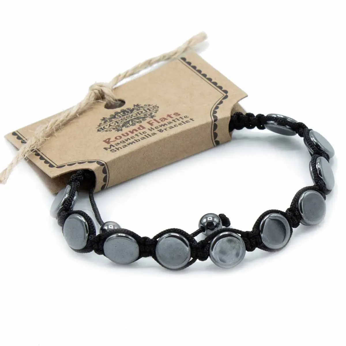 Svart Shamballa-armband med runda platta magnetiska hematitpärlor på svart snöre