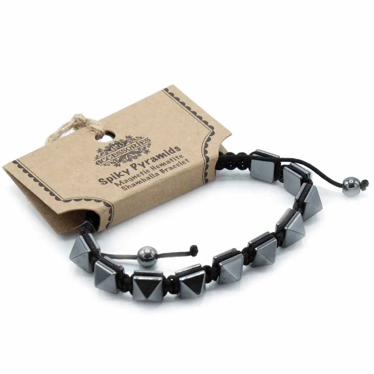 Svart Shamballa-armband med pyramidformade hematitpärlor och justerbar makraméknut