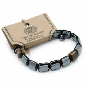 Svart magnetiskt hematitarmband med kubformade tigeröga-pärlor och justerbar makraméknut