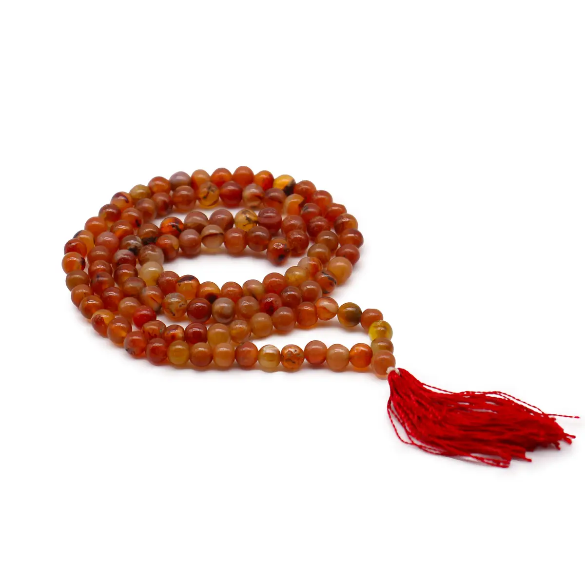 Mala halsband med 108 rödorange karneolpärlor och röd tofs