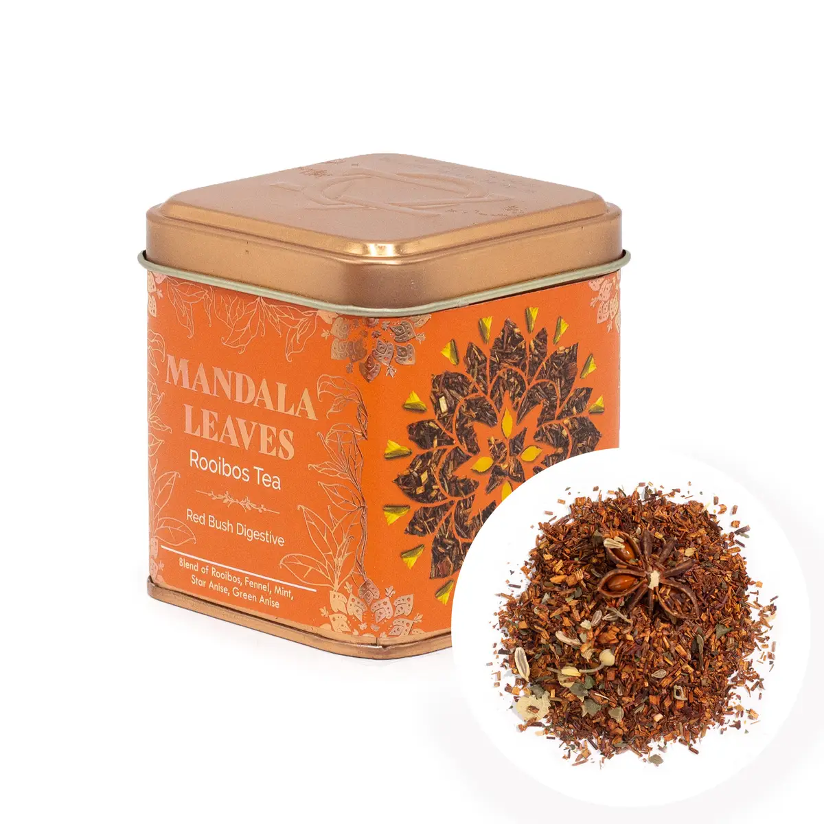 Mandala Leaves rooibos-digestivte i orange plåtask med teblad och kryddor