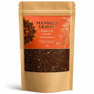 Förpackning med Mandala Leaves rooibos te 50 g med etikett i orange och brunt papper