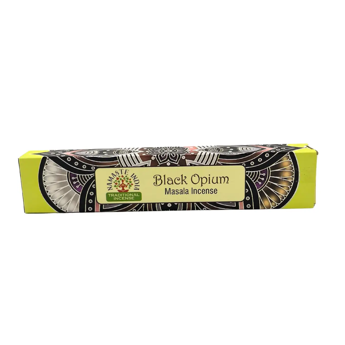 Förpackning med Mandala Namaste Masala-rökelsepinnar Black Opium med mandalamönster
