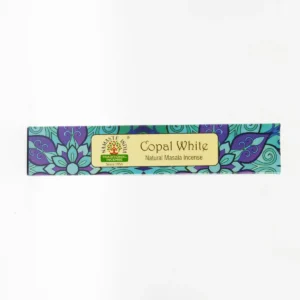 Förpackning med Mandala Namaste Masala-rökelsepinnar Copal White med färgglad mandaladesign