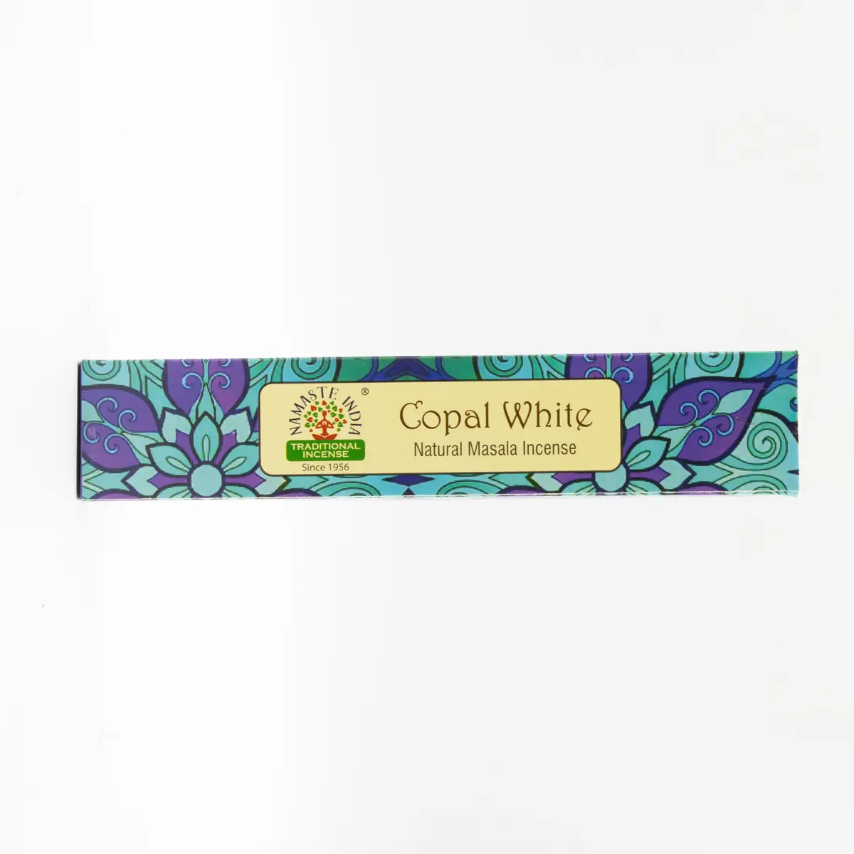 Förpackning med Mandala Namaste Masala-rökelsepinnar Copal White med färgglad mandaladesign