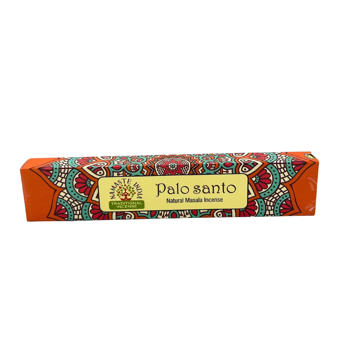 Förpackning med Mandala Namaste Masala-rökelsepinnar med färgglada mandalamönster och text Palo Santo