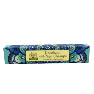 Förpackning med Mandala Namaste Masala-rökelsepinnar i blått med patchouli och Nag Champa doft