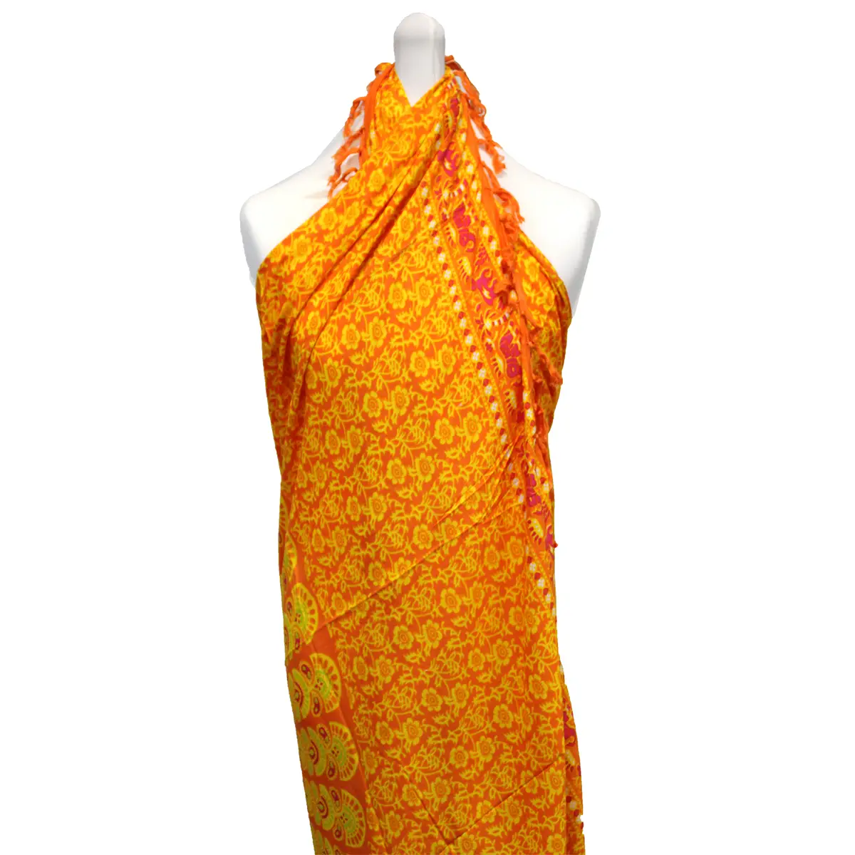 Mandala-sarong i lime och orange med blommönster och dekorativa fransar