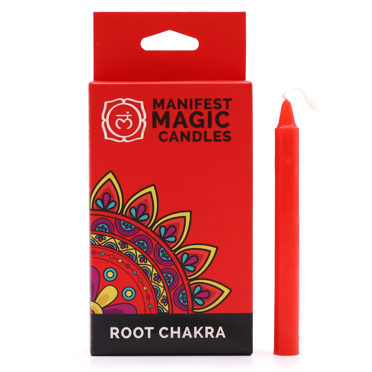 Rött manifestationsljus bredvid röd förpackning med mönster och texten Manifest Magic Candles Root Chakra