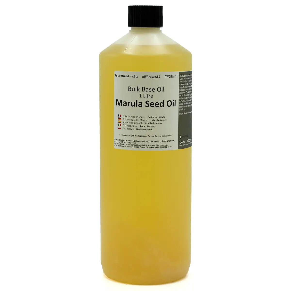 Flaska med 1 liter marulafröolja som basolja