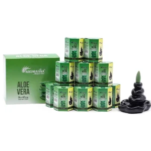 Gröna Masala Backflow rökelsekoner Aloe Vera 10-pack med förpackningar och svart rökelsehållare