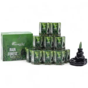 Förpackning med Masala Backflow rökelsekoner 10-pack Rain Forest och en svart rökelsehållare