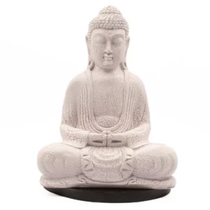Lavendelfärgad meditationslampa i form av Buddha med sprickmönster och oval svart fot