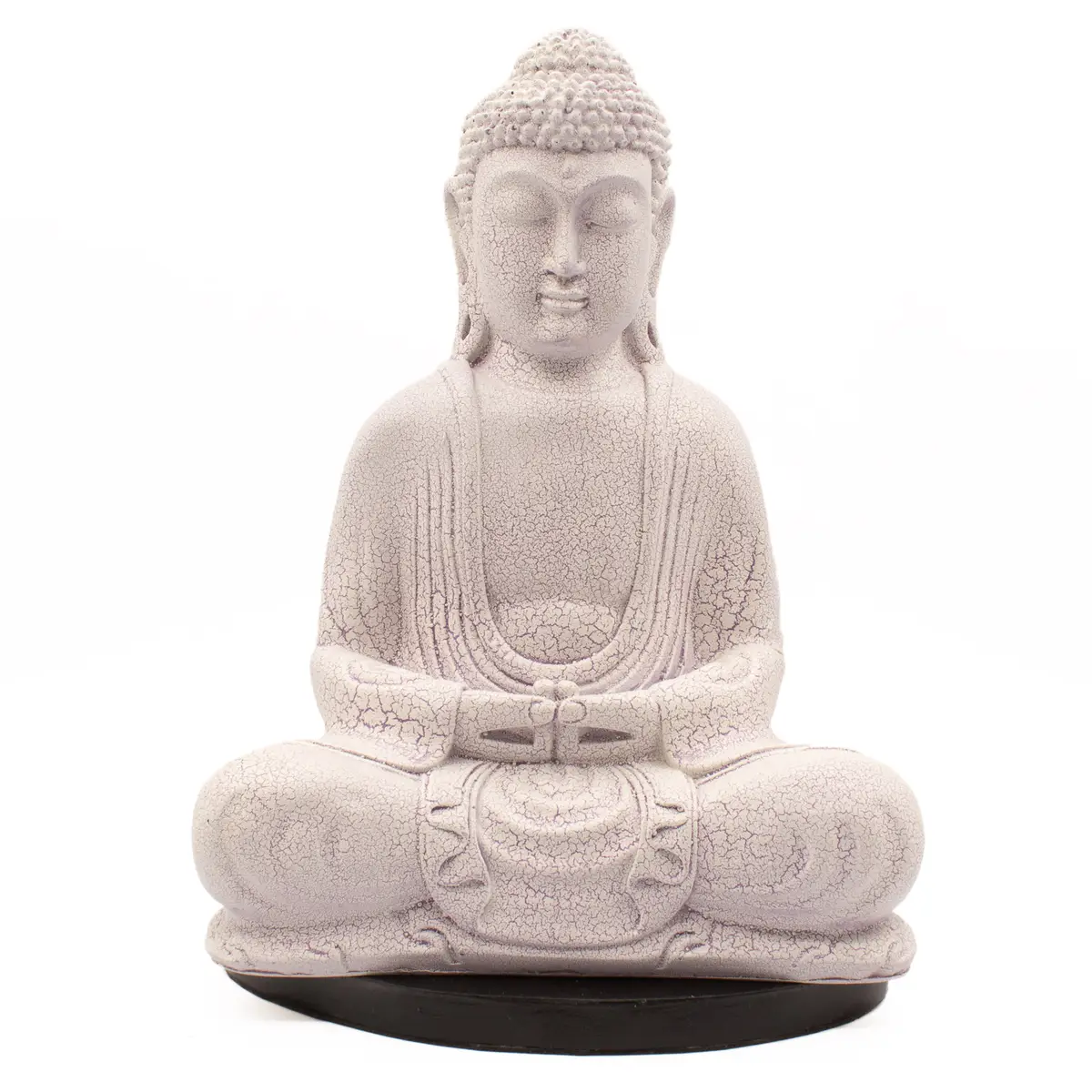 Lavendelfärgad meditationslampa i form av Buddha med sprickmönster och oval svart fot