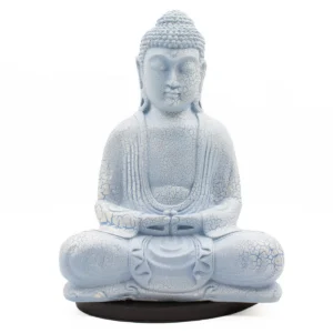 Himmelsblå meditationslampa i form av en sittande Buddha på oval svart fot