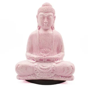 Meditationslampa i form av en sittande Buddha med körsbärsröd sprickfinish på oval svart fot