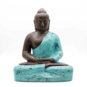 Medium buddha-staty i turkos och stenimitation sittande i meditationsställning