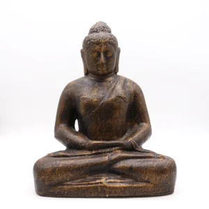 Medium buddhafigur i antik guldfinish sittande i meditationsställning