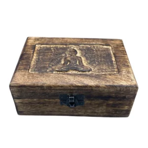 Medium träask med handsnidat Buddha-motiv på locket