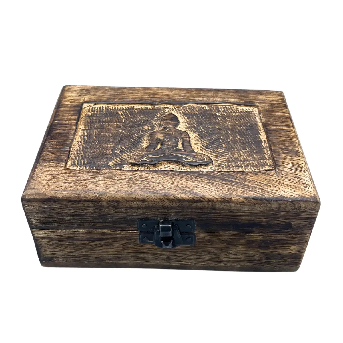 Medium träask med handsnidat Buddha-motiv på locket