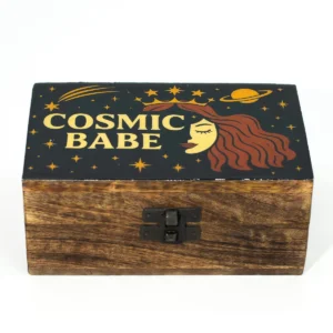 Medium träask i mangoträ med svart emaljerat lock med Cosmic Babe-design