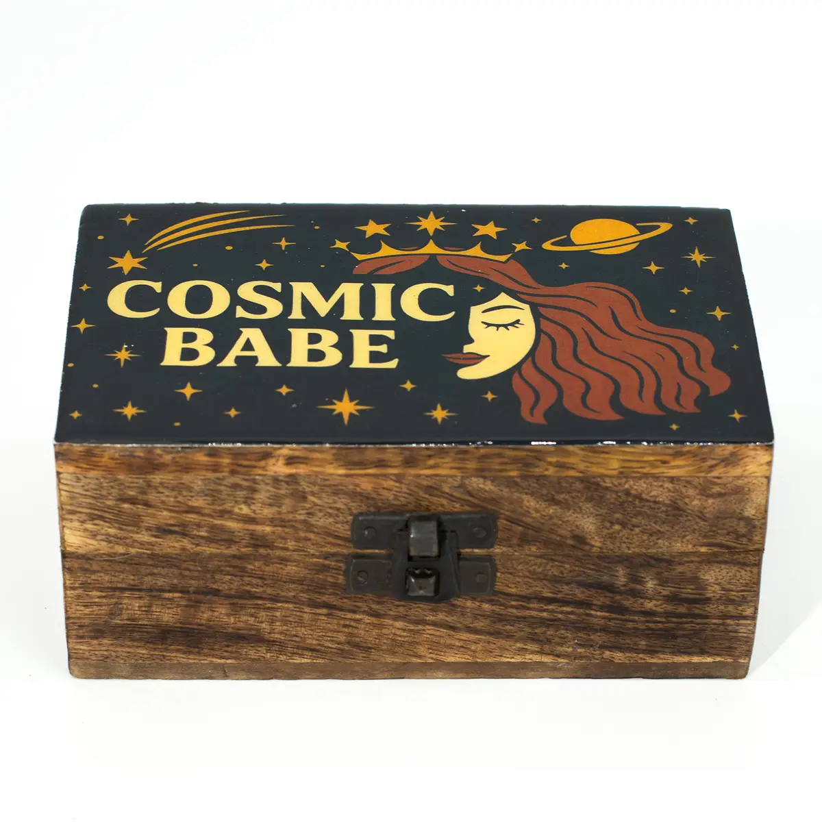 Medium träask i mangoträ med svart emaljerat lock med Cosmic Babe-design