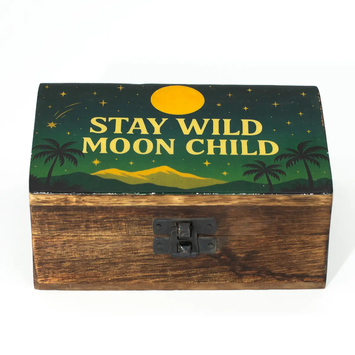 Mellanask i mangoträ med emaljerat lock dekorerat med Stay Wild Moon Child-motiv