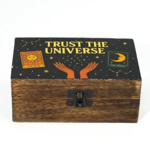 Mellanask i mangoträ med svart emaljerat lock med motivet Trust the Universe