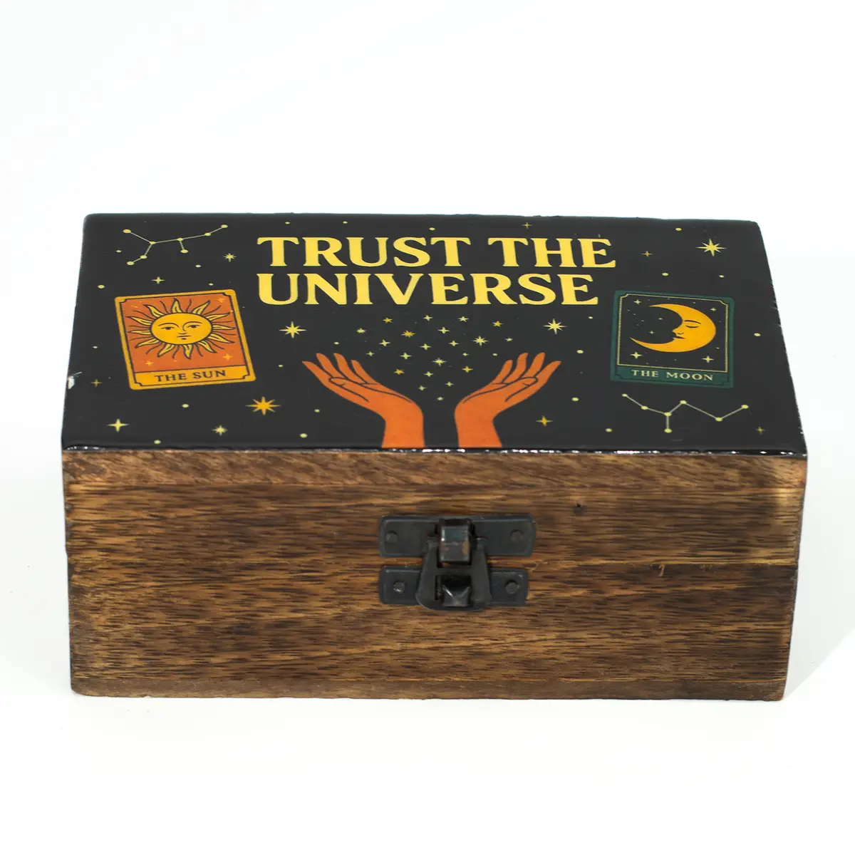 Mellanask i mangoträ med svart emaljerat lock med motivet Trust the Universe