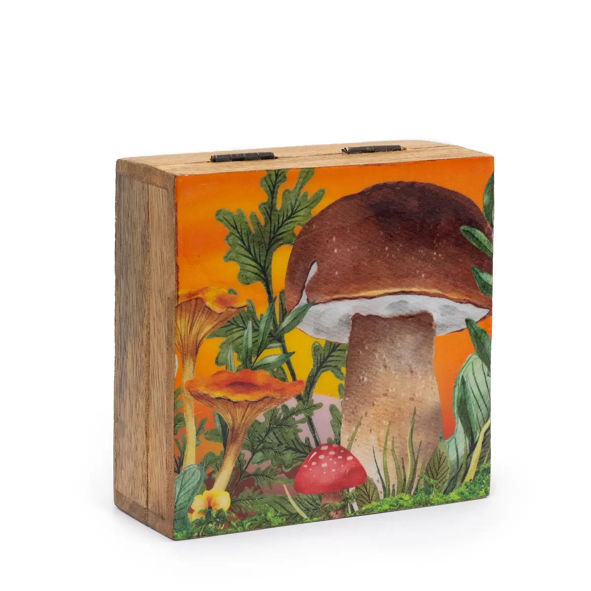 Mellanlåda med svampmotiv i vinrött och orange, 13,5x13,5x6 cm