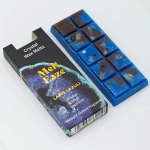 Blå doftvaxsmältor med äkta Lapis Lazuli-stenflisor och förpackning